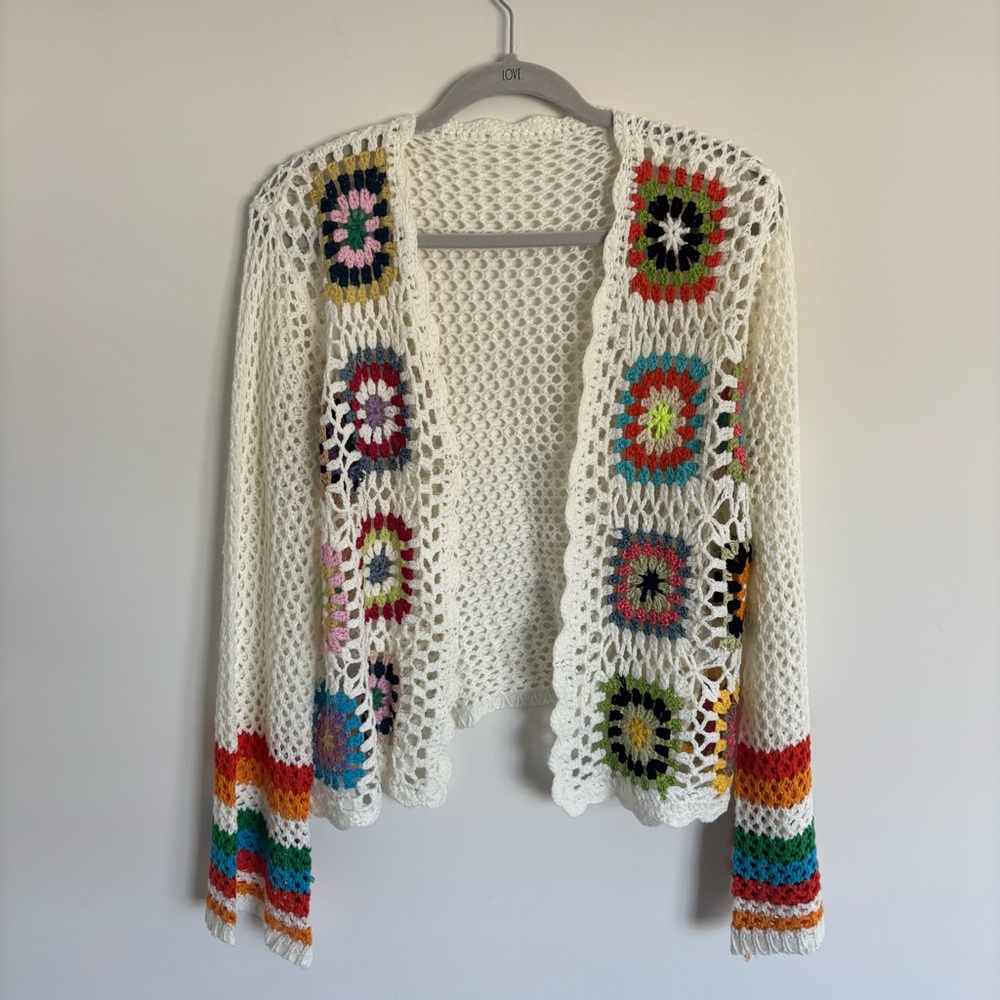 Colorful Crochet Open-Front Cardigan Sweater